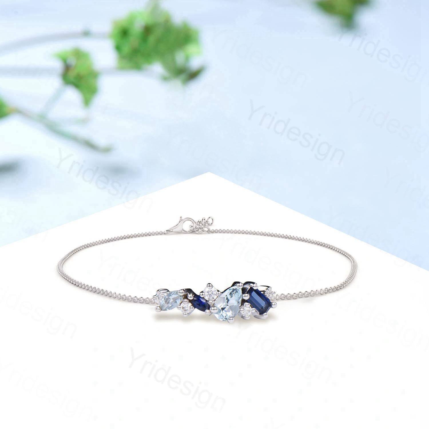 Elegant Pear Shaped Aquamarine Bracelet Multi-Stone Baguette Blue Sapphire Lobster Claw Bracelet Silver Gold Art Deco Anniversary Gift Women - PENFINE