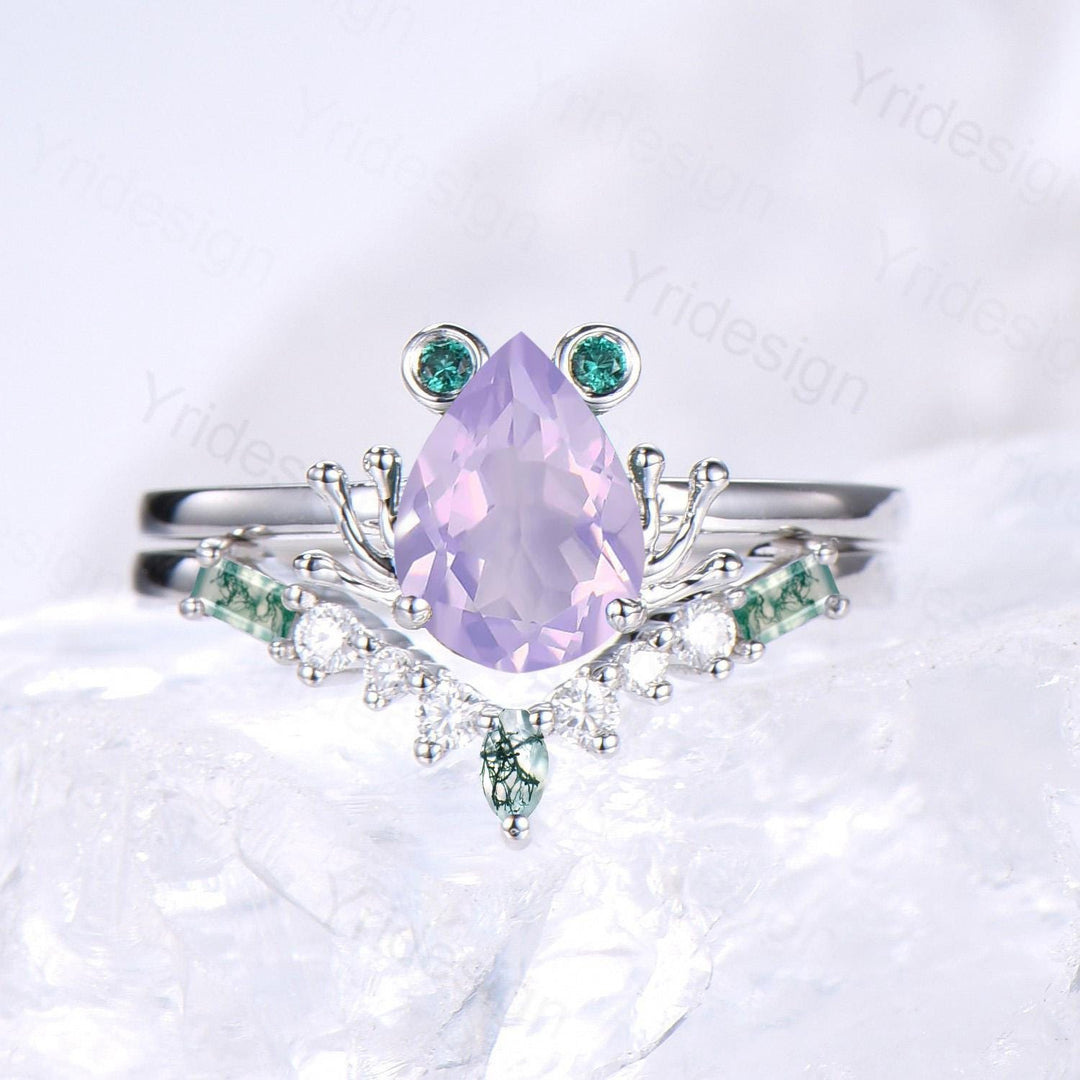 Unique Frog ring, Art Deco Lavender Amethyst engagement ring set,  Animal inspired green moss agate wedding set, Anniversary promise ring - PENFINE