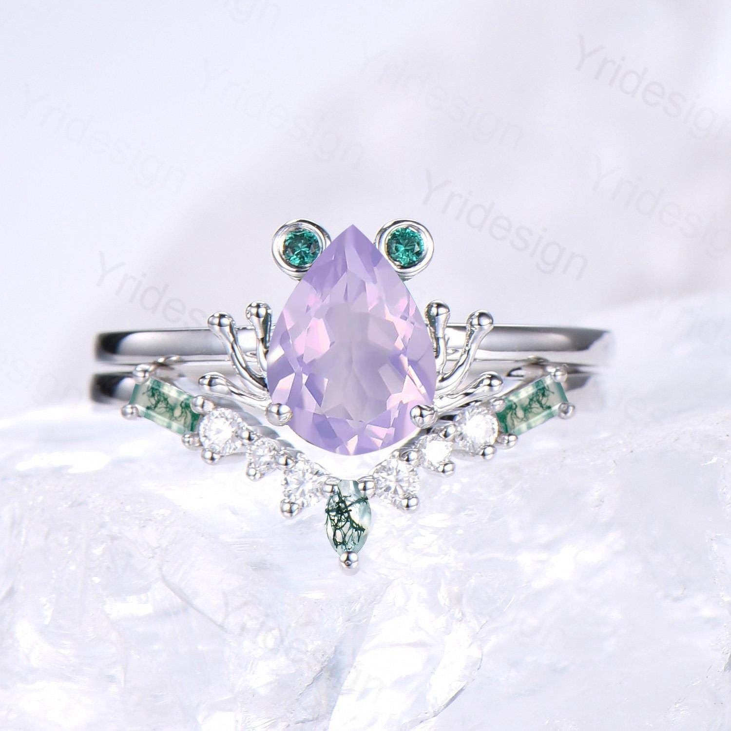 Unique Frog ring, Art Deco Lavender Amethyst engagement ring set,  Animal inspired green moss agate wedding set, Anniversary promise ring - PENFINE