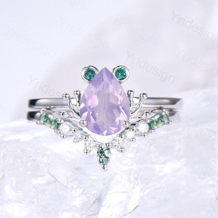 Unique Frog ring, Art Deco Lavender Amethyst engagement ring set,  Animal inspired green moss agate wedding set, Anniversary promise ring - PENFINE