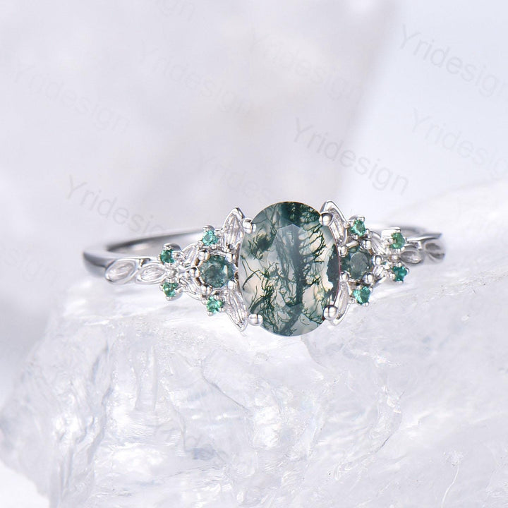 1.5CT Oval Moss Agate Engagement Ring Unique Leaf Green Agate Cluster Emerald Wedding Ring White Gold Bridal Promise Ring Anniversary Gift - PENFINE