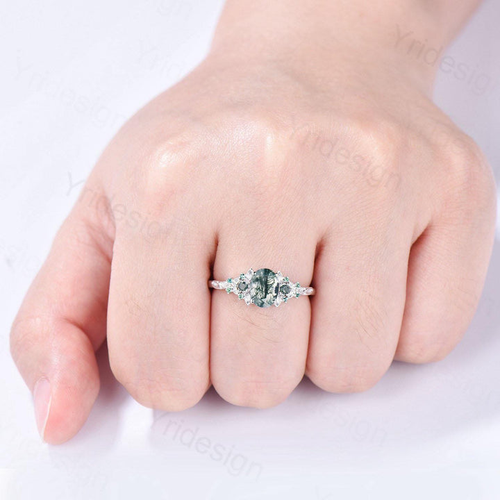 1.5CT Oval Moss Agate Engagement Ring Unique Leaf Green Agate Cluster Emerald Wedding Ring White Gold Bridal Promise Ring Anniversary Gift - PENFINE