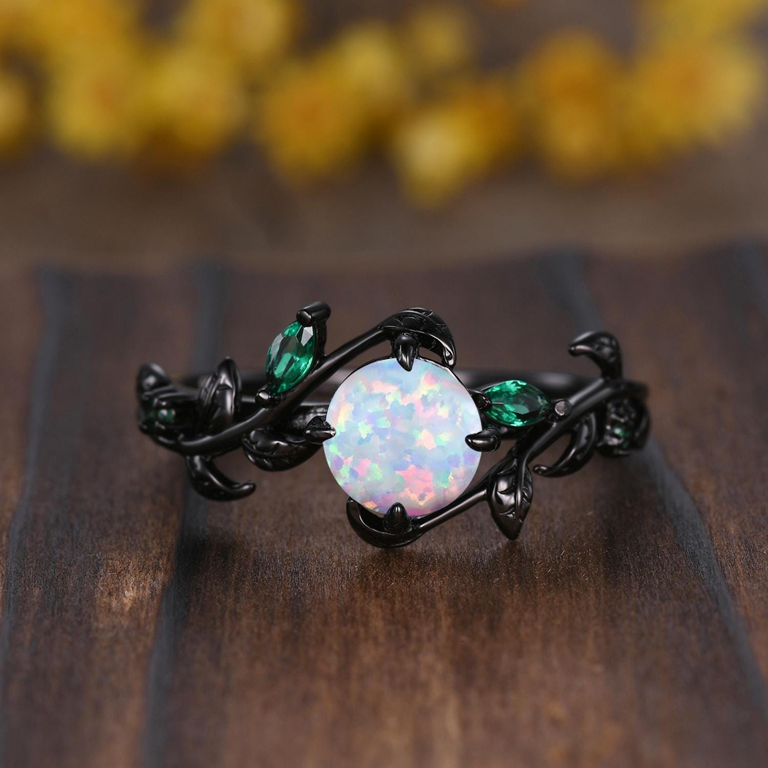 Gothic Hexagon White Opal Wedding Ring Set: Black Gold Promise Rings