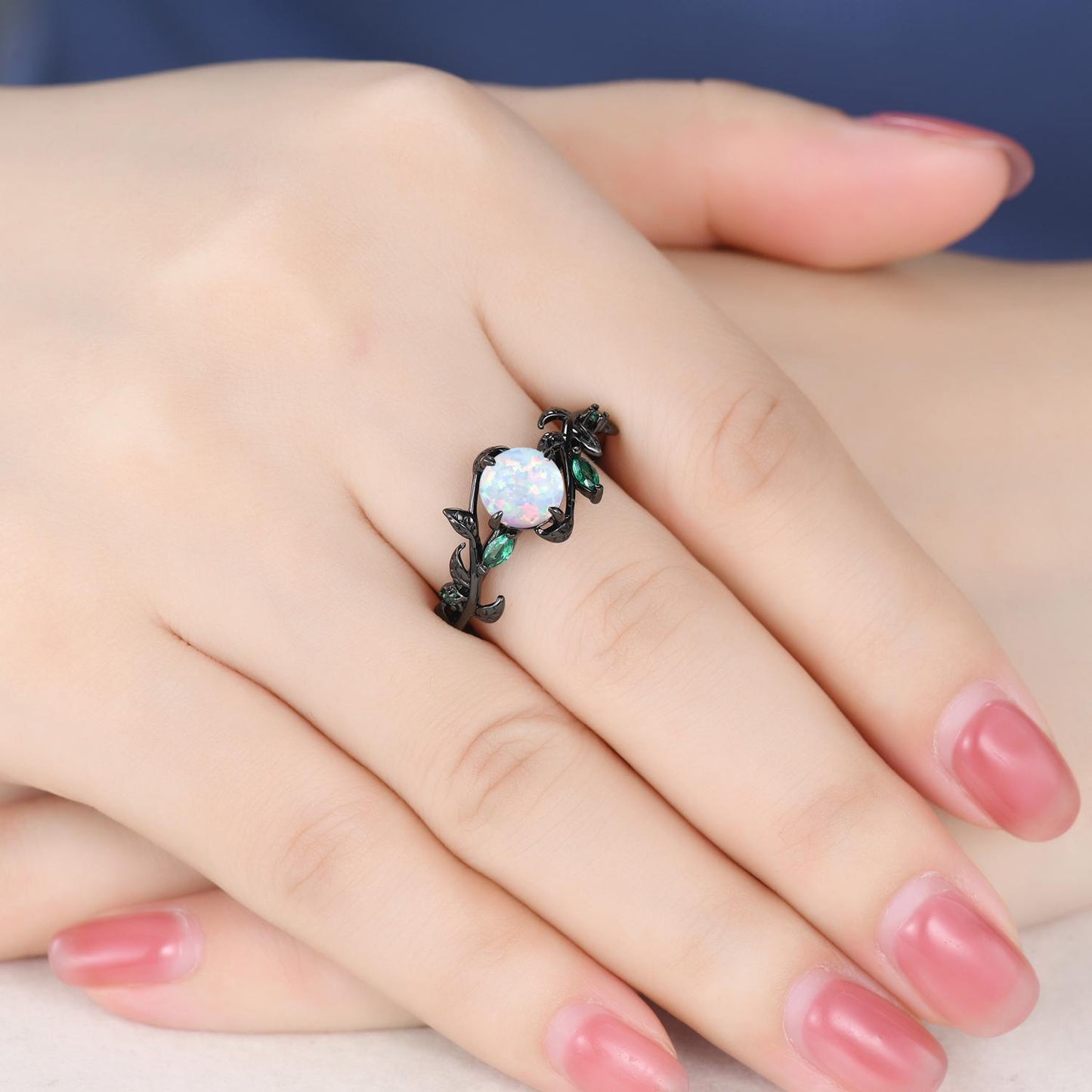 Gothic Hexagon White Opal Wedding Ring Set: Black Gold Promise Rings
