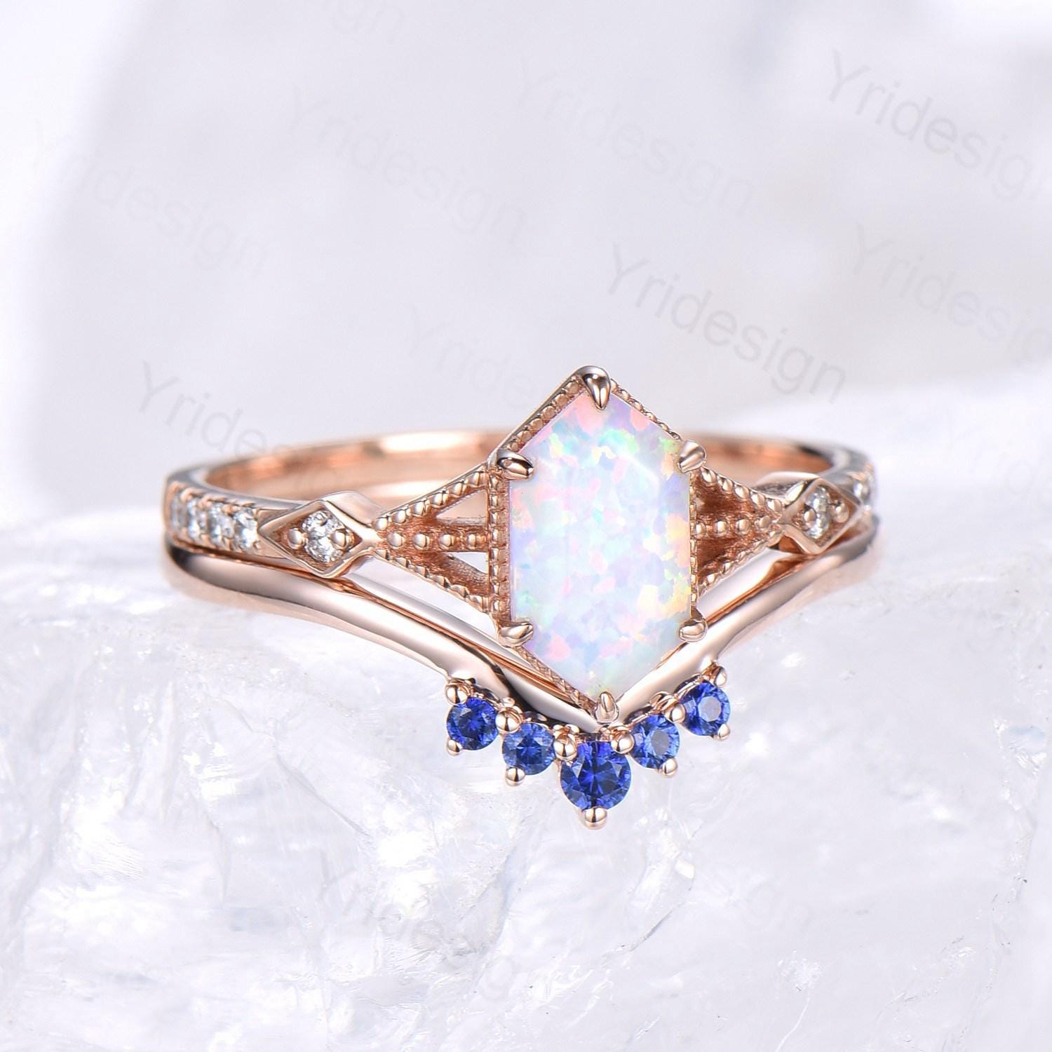 Vintage Long Hexagon White Opal Ring Set, Rose Gold Engagement Ring Set, Art Deco Blue Sapphire Stacking Band, Oval Cut Fire Opal Bridal Set - PENFINE