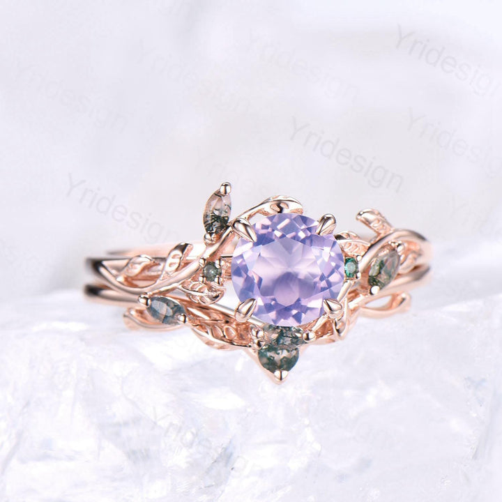 Elegant Natural Lavender Amethyst Engagement Ring Set Unique Nature Inspired Green Moss Agate Wedding Ring Set Rose Gold Stacking Band Women - PENFINE