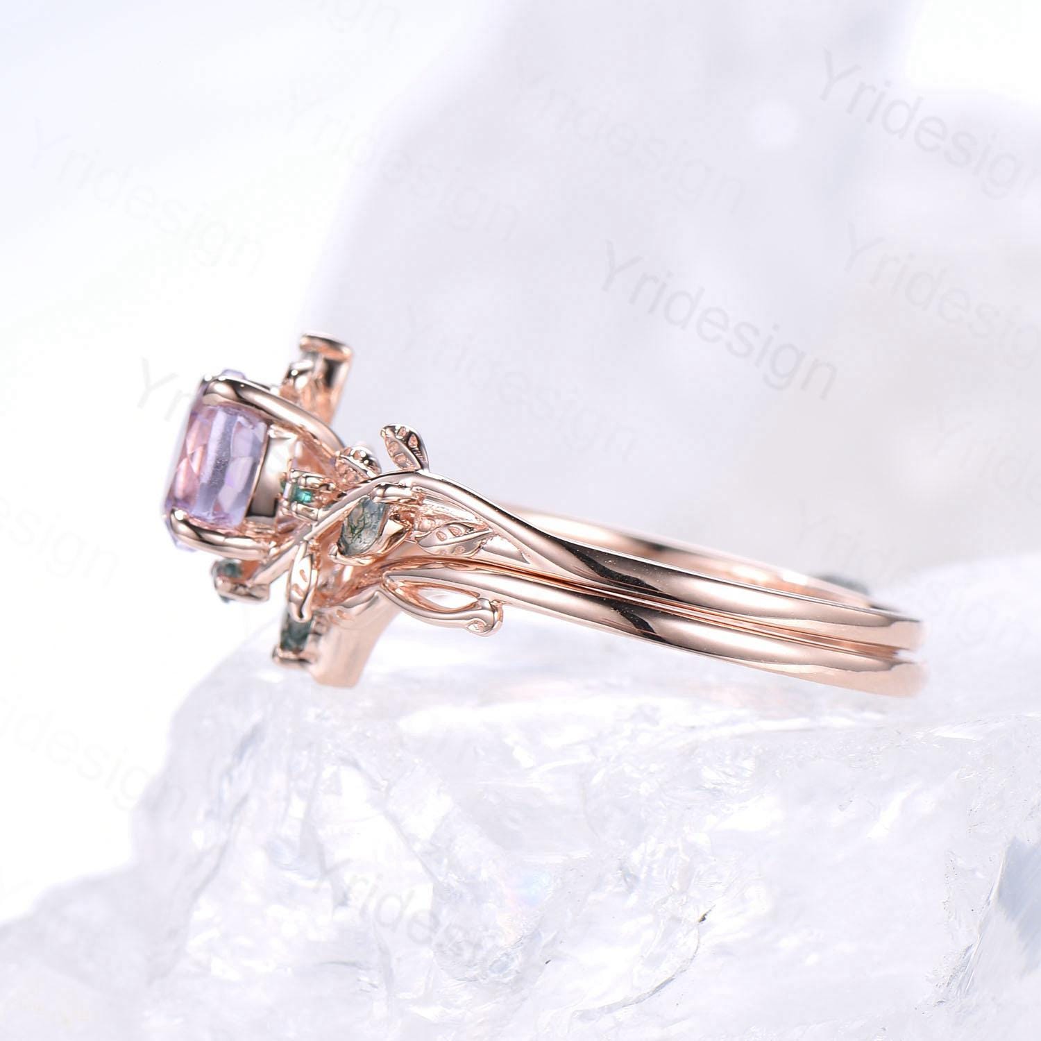 Elegant Natural Lavender Amethyst Engagement Ring Set Unique Nature Inspired Green Moss Agate Wedding Ring Set Rose Gold Stacking Band Women - PENFINE