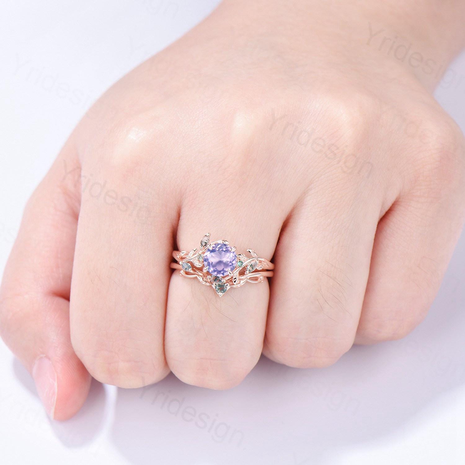 Elegant Natural Lavender Amethyst Engagement Ring Set Unique Nature Inspired Green Moss Agate Wedding Ring Set Rose Gold Stacking Band Women - PENFINE