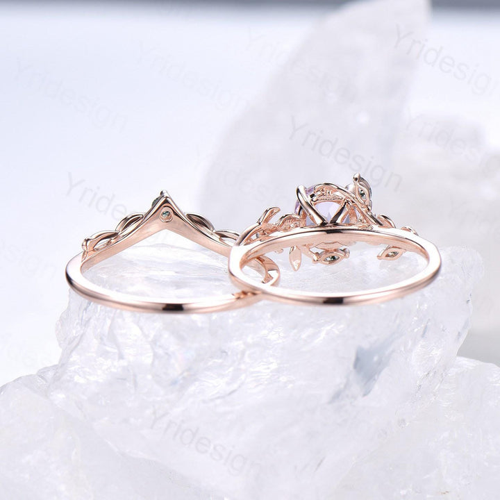 Elegant Natural Lavender Amethyst Engagement Ring Set Unique Nature Inspired Green Moss Agate Wedding Ring Set Rose Gold Stacking Band Women - PENFINE