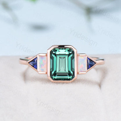 Unique Bezel Set Emerald Cut Green Sapphire Engagement Ring Retro Baguette Opal Trillion Blue Sapphire Wedding Ring Vintage Anniversary Gift - PENFINE