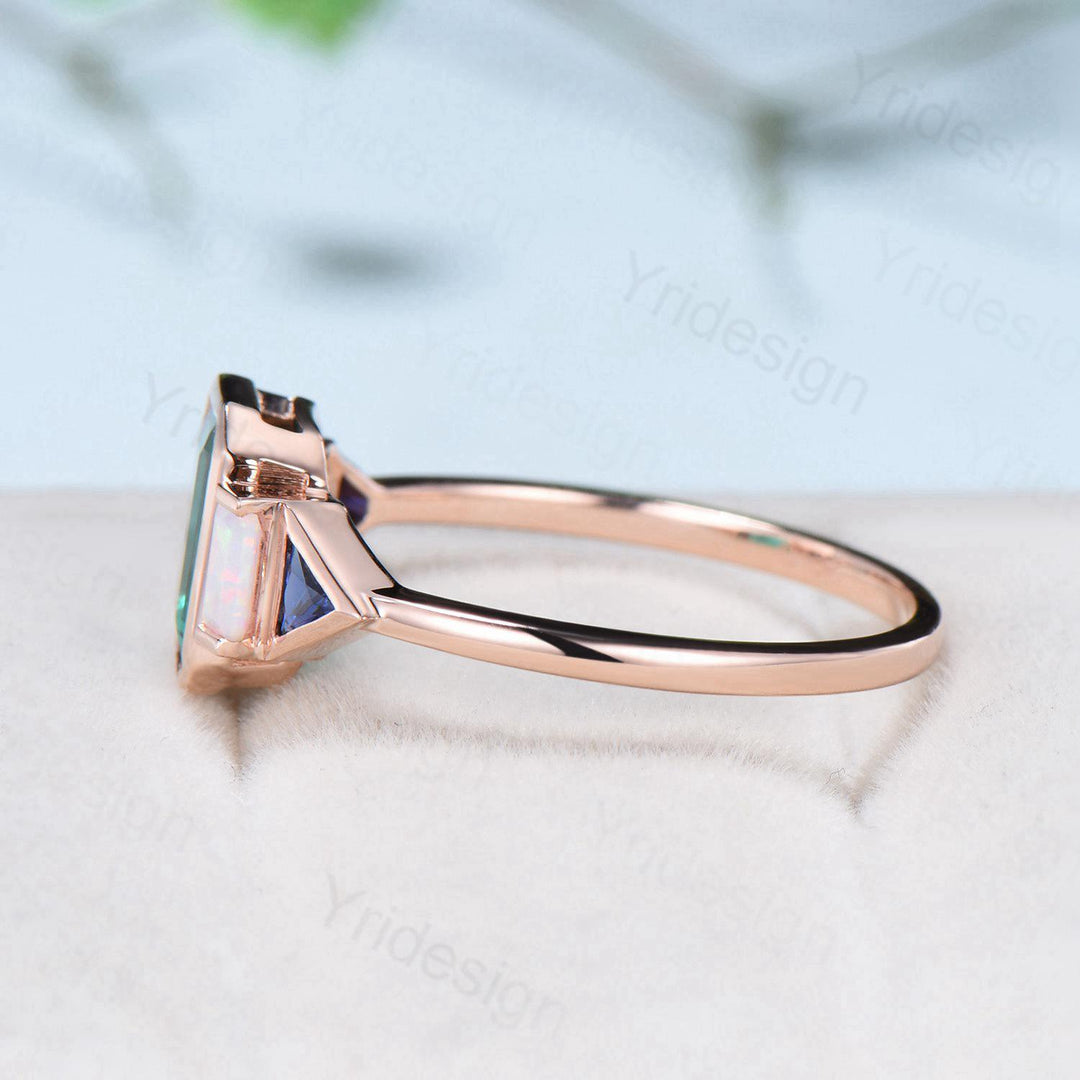 Unique Bezel Set Emerald Cut Green Sapphire Engagement Ring Retro Baguette Opal Trillion Blue Sapphire Wedding Ring Vintage Anniversary Gift - PENFINE