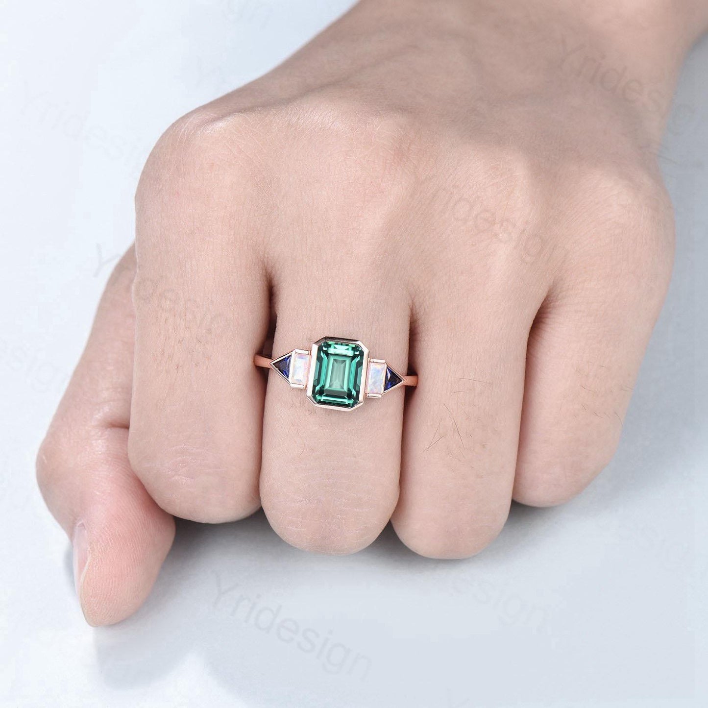 Unique Bezel Set Emerald Cut Green Sapphire Engagement Ring Retro Baguette Opal Trillion Blue Sapphire Wedding Ring Vintage Anniversary Gift - PENFINE