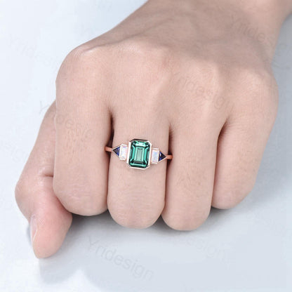 Unique Bezel Set Emerald Cut Green Sapphire Engagement Ring Retro Baguette Opal Trillion Blue Sapphire Wedding Ring Vintage Anniversary Gift - PENFINE