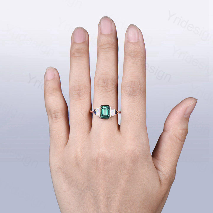 Unique Bezel Set Emerald Cut Green Sapphire Engagement Ring Retro Baguette Opal Trillion Blue Sapphire Wedding Ring Vintage Anniversary Gift - PENFINE