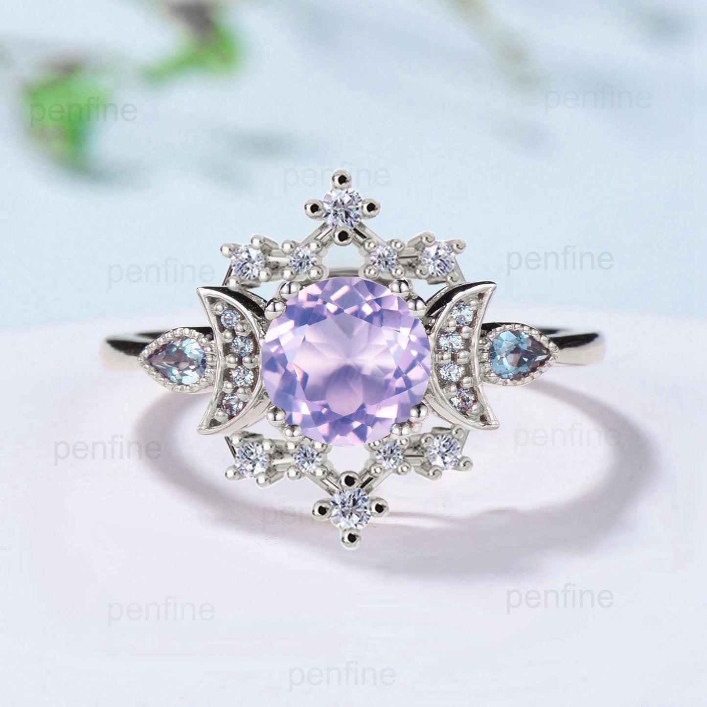 Vintage Lavender Amethyst Engagement Ring Fancy Crescent Moon Alexandrite Wedding Ring Galaxy Star Art Deco Anniversary Ring Gift for Women - PENFINE