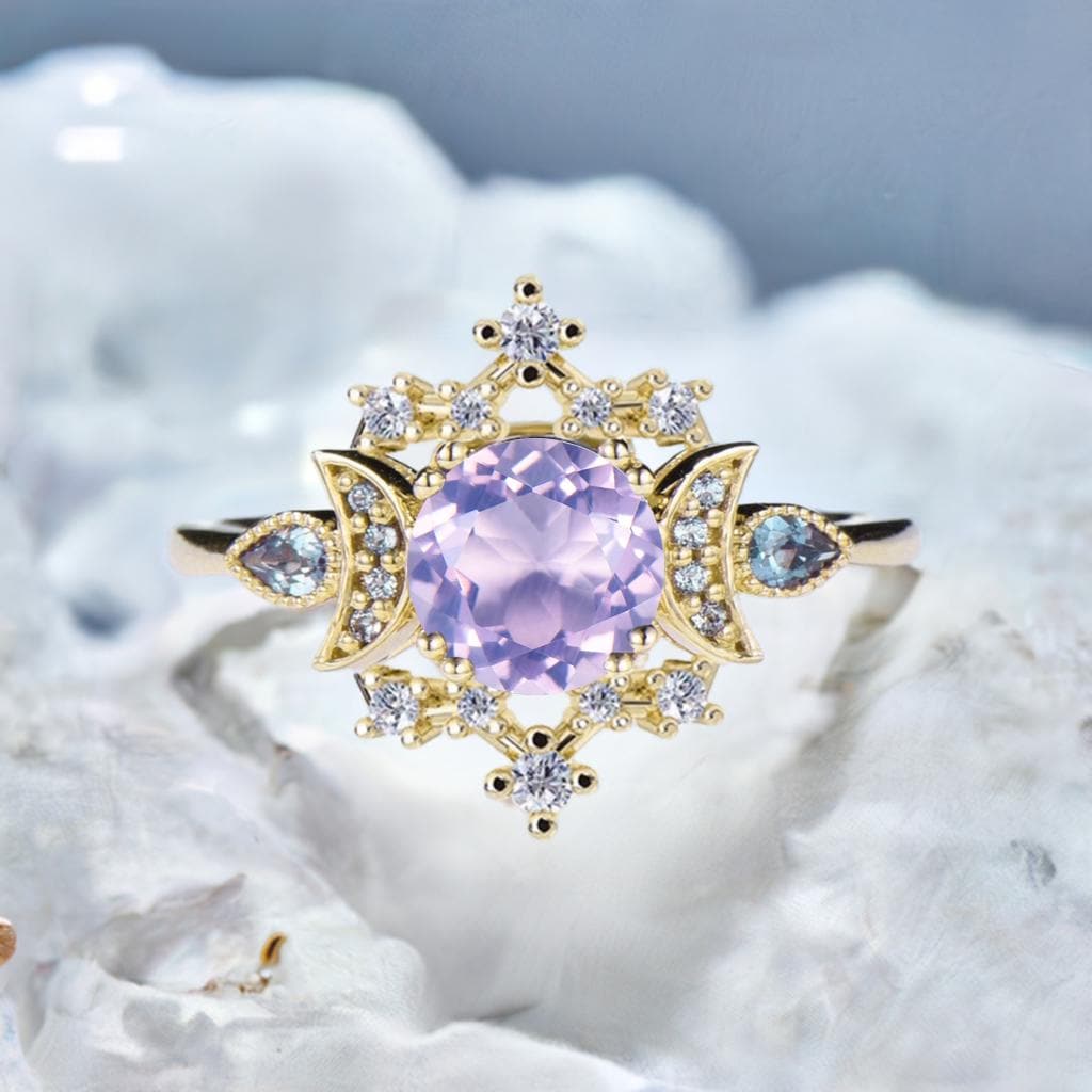 Vintage Lavender Amethyst Engagement Ring Fancy Crescent Moon Alexandrite Wedding Ring Galaxy Star Art Deco Anniversary Ring Gift for Women - PENFINE