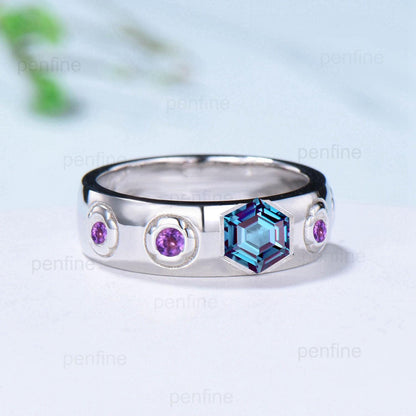 Howls Moving Castle Men's Ring 5mm Hexagon Alexandrite Wedding Band Silver White Gold Howl's Ring Sophie's Ring Stacking Amethyst Band Gift - PENFINE