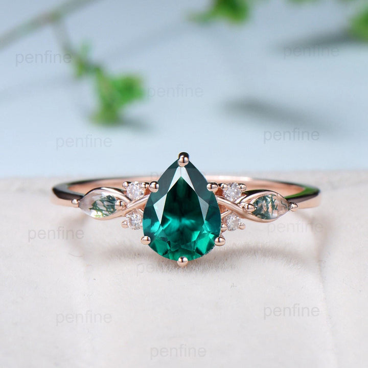 Vintage Pear Shaped Emerald Engagement Ring Set Unique 14k Rose Gold Vine Marquise Baguette Moss Agate Wedding Ring Set Ring Promise Gift - PENFINE