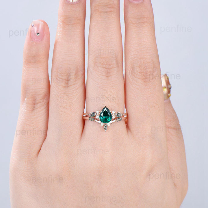 Vintage Pear Shaped Emerald Engagement Ring Set Unique 14k Rose Gold Vine Marquise Baguette Moss Agate Wedding Ring Set Ring Promise Gift - PENFINE