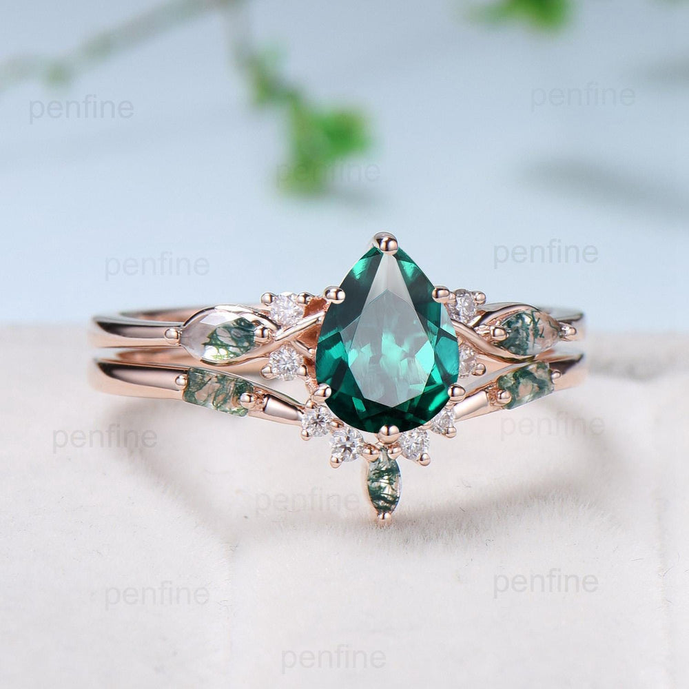 Vintage Pear Shaped Emerald Engagement Ring Set Unique 14k Rose Gold Vine Marquise Baguette Moss Agate Wedding Ring Set Ring Promise Gift - PENFINE