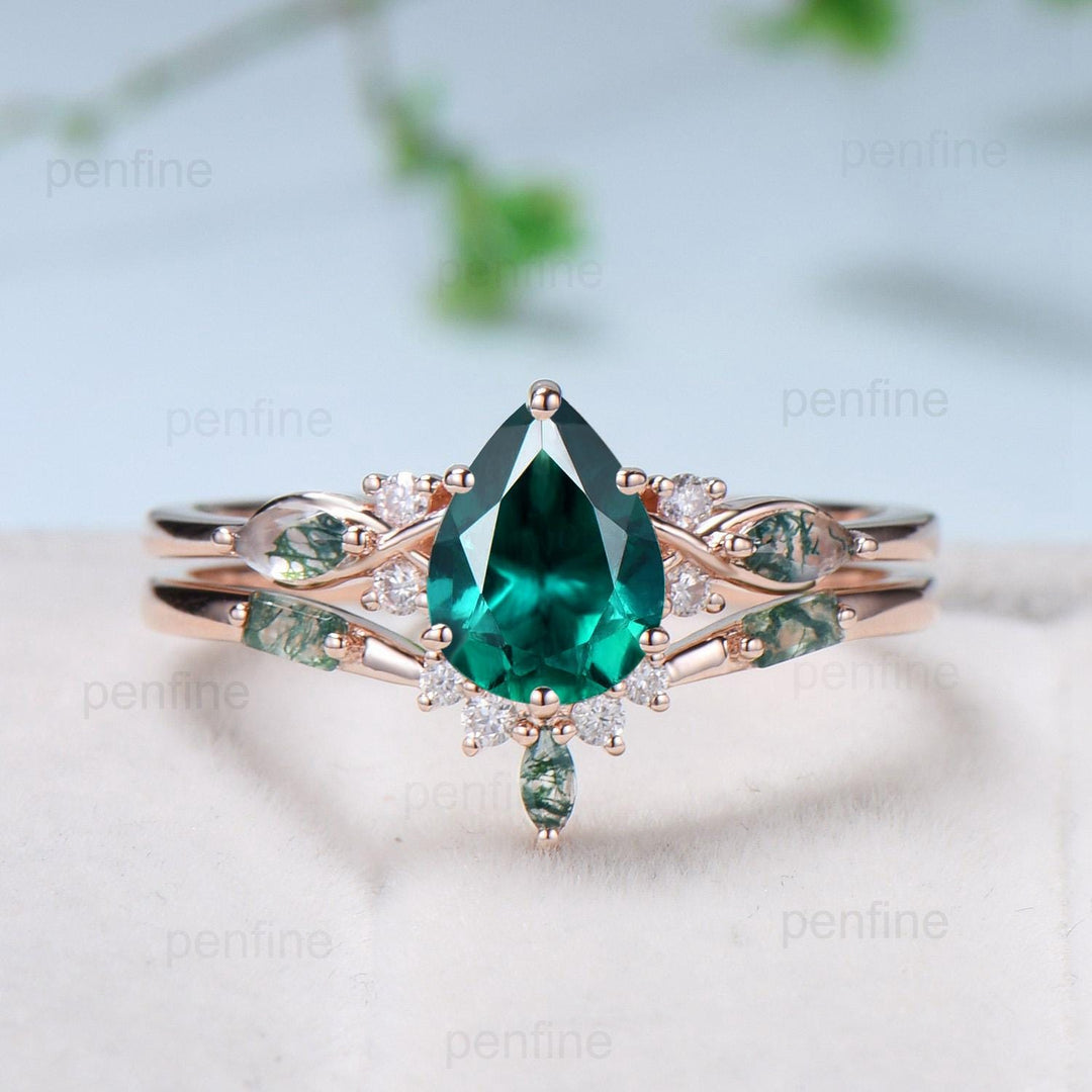 Vintage Pear Shaped Emerald Engagement Ring Set Unique 14k Rose Gold Vine Marquise Baguette Moss Agate Wedding Ring Set Ring Promise Gift - PENFINE