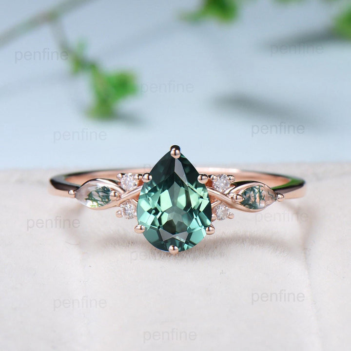 Vintage Pear Shaped Green Teal Sapphire Engagement Ring Set Unique 14k Rose Gold Vine Moss Agate Bridal Set Anniversary Promise Ring Gift - PENFINE