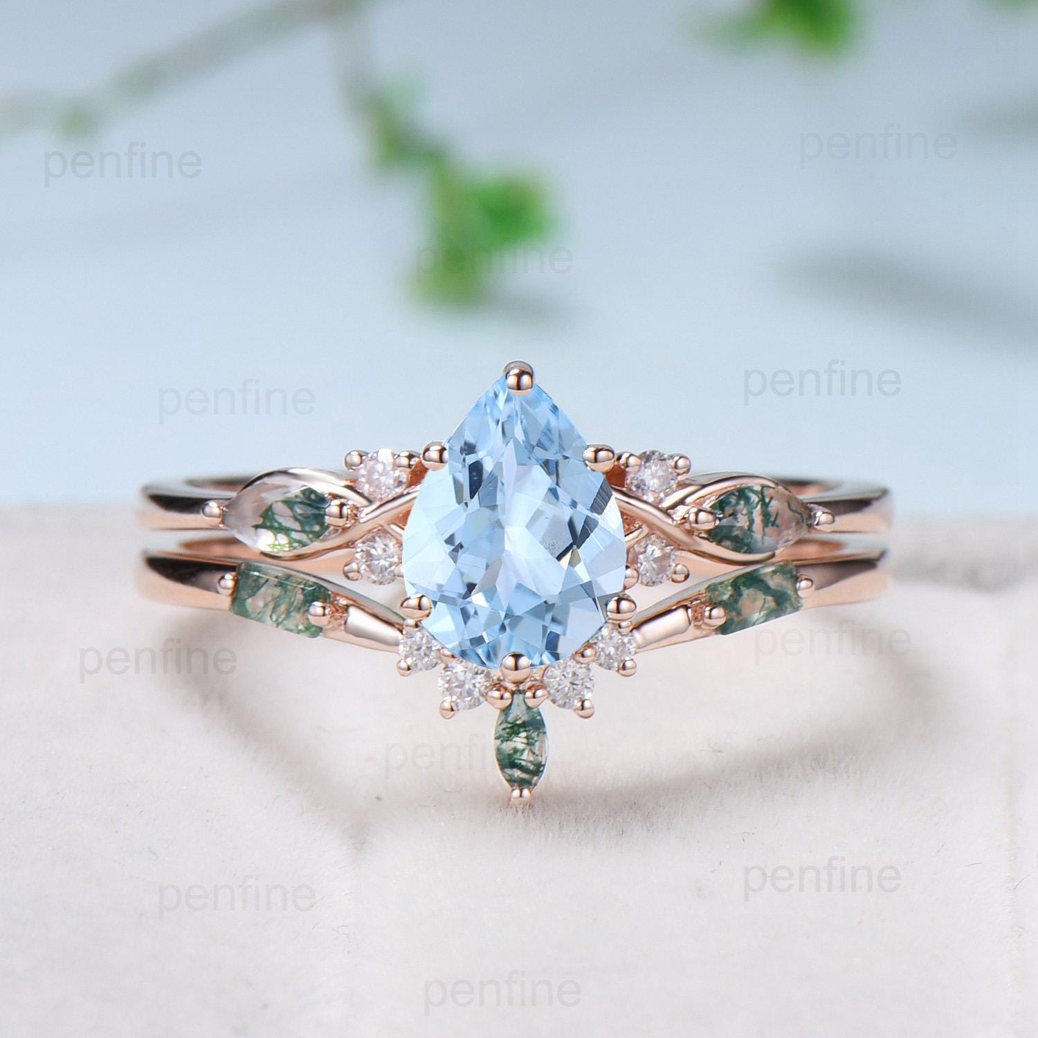 Vintage Pear Shaped Natural Aquamarine Engagement Ring Set Unique 14k Rose Gold Vine Marquise Green Agate Wedding Ring Set Ring for Women - PENFINE