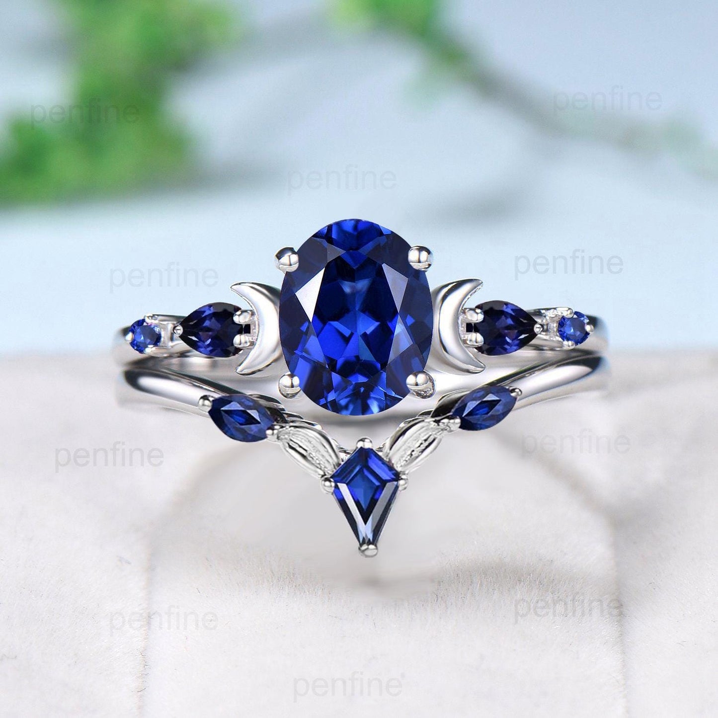 1.5 Carat oval blue sapphire engagement ring set vintage five stone moon engagement ring Elegant white gold pear sapphire wedding ring set - PENFINE