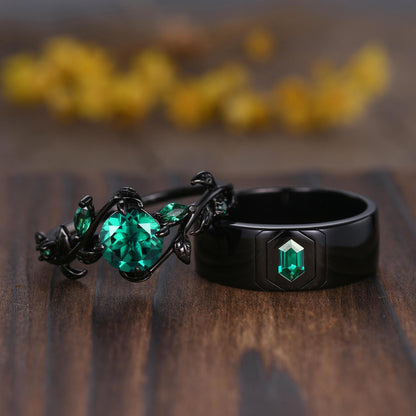 Gothic Emerald Wedding Ring Set: Black Gold Promise Rings