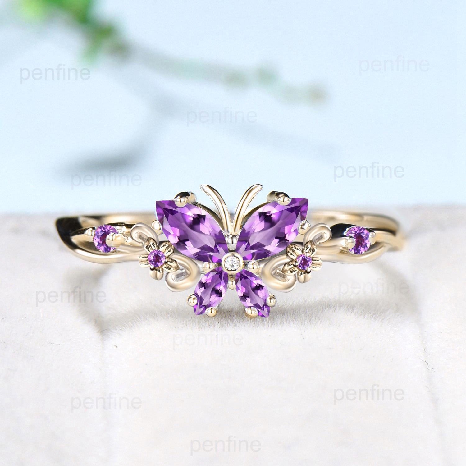 Vintage Butterfly Amethyst Engagement Ring Unique marquise cut purple amethyst silver white gold flower promise ring anniversary gift women - PENFINE