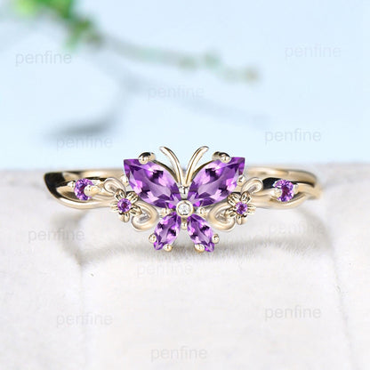 Vintage Butterfly Amethyst Engagement Ring Unique marquise cut purple amethyst silver white gold flower promise ring anniversary gift women - PENFINE