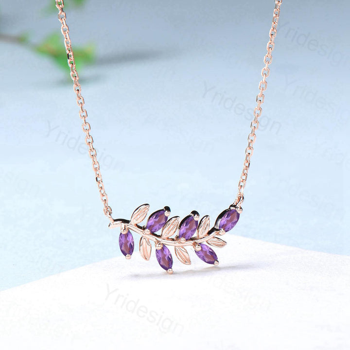 Nature Inspired Amethyst Necklace Unique Marquise Purple Crystal Leaves Pendant Necklace Branch Guard Pendant Elegant Anniversary gift women - PENFINE