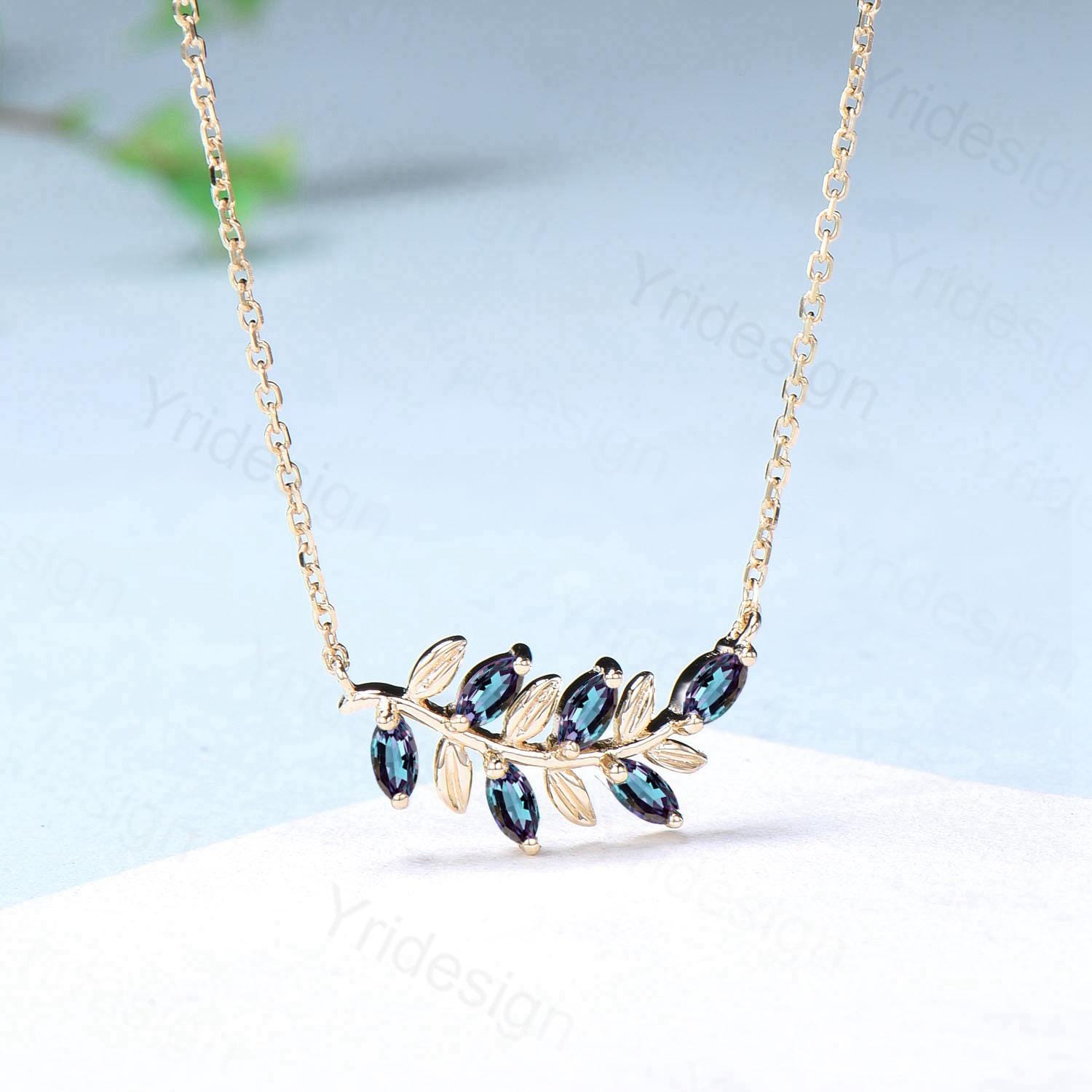 Nature Inspired Alexandrite Necklace Unique Marquise Color Change Leaves Pendant Necklace Branch Guard Pendant Dainty Anniversary gift women - PENFINE