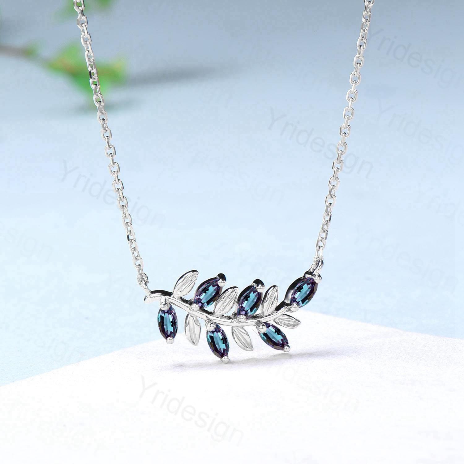 Nature Inspired Alexandrite Necklace Unique Marquise Color Change Leaves Pendant Necklace Branch Guard Pendant Dainty Anniversary gift women - PENFINE