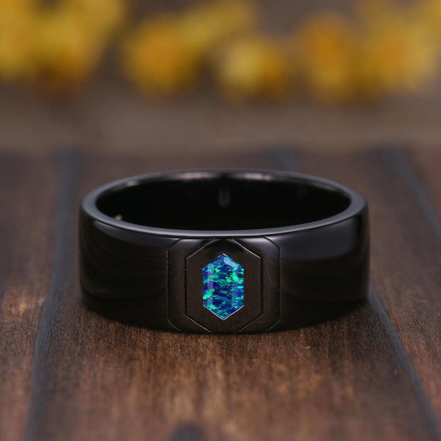 Gothic Black Opal Wedding Ring Set: Black Gold Couple Rings