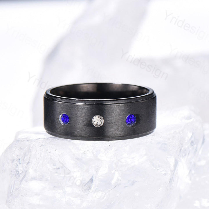 7mm Black Gold Brushed Finish Mens Wedding Band Three Stone Sapphire Men's Wedding Ring Moissanite Stacking Matching Band Retro Vintage Gift - PENFINE