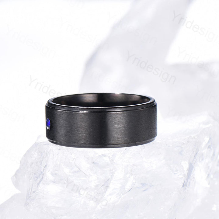 7mm Black Gold Brushed Finish Mens Wedding Band Three Stone Sapphire Men's Wedding Ring Moissanite Stacking Matching Band Retro Vintage Gift - PENFINE