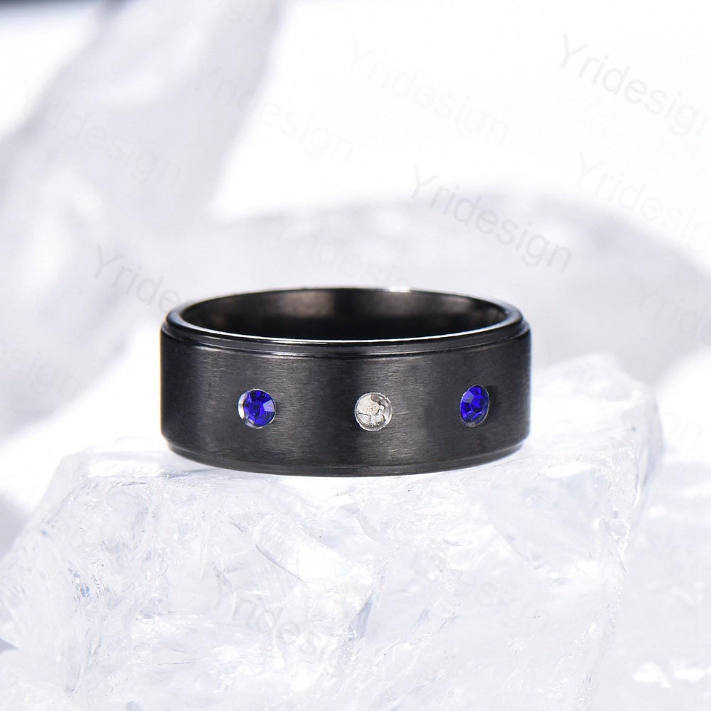 7mm Black Gold Brushed Finish Mens Wedding Band Three Stone Sapphire Men's Wedding Ring Moissanite Stacking Matching Band Retro Vintage Gift - PENFINE