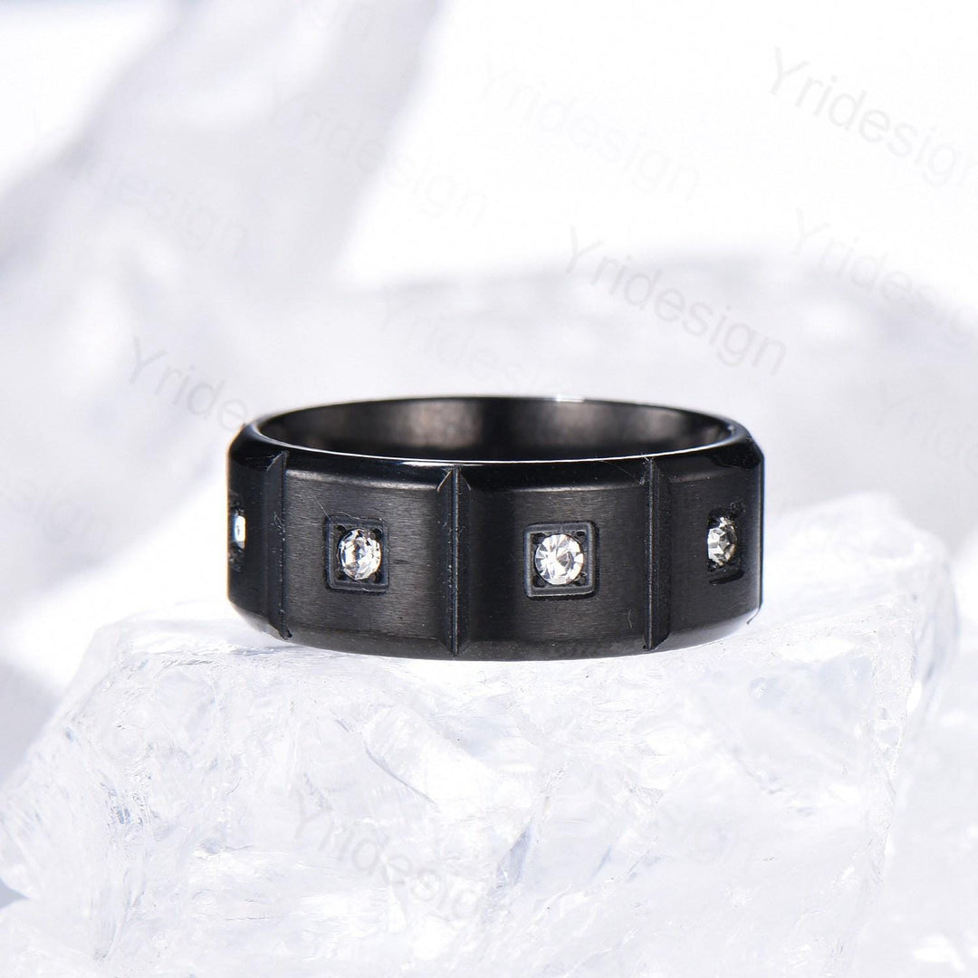 Black Gold Brushed Finish Mens Wedding Band Unisex Frame Moissanite Men's Wedding Ring Anniversary Stacking Matching Band Promise Gift - PENFINE