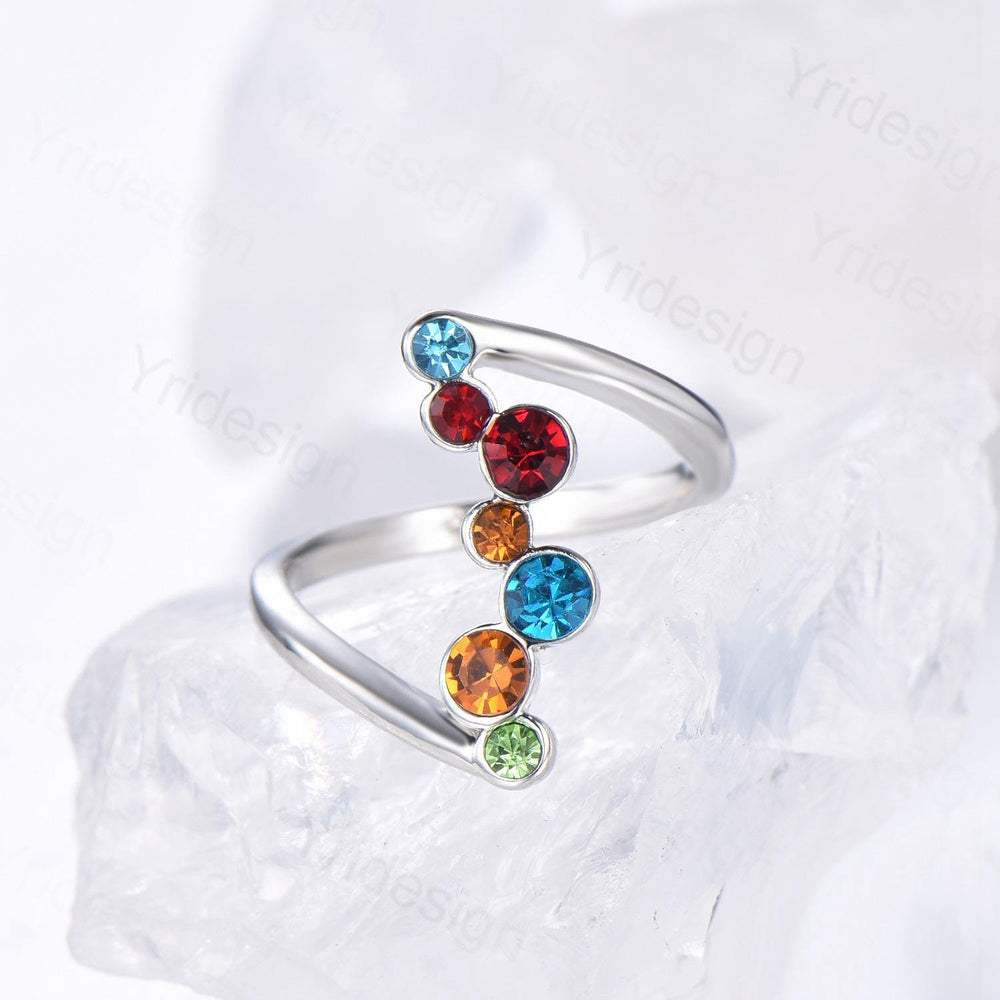 Unique multi-stone blue wedding engagement ring, Garnet/Citrine/ Swiss topaz/Emerald stacking wedding band ring, Anniversary Promise Gift - PENFINE