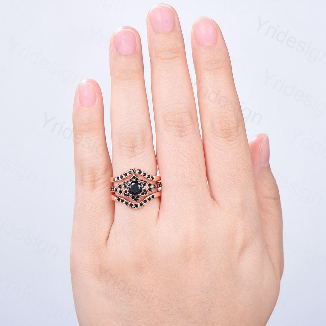 Floral Lotus Black Onyx Engagement Ring Set 3pcs Cluster Black Spinel Wedding Ring Set Unique Black Stone Anniversary Gift Women Bridal Set - PENFINE