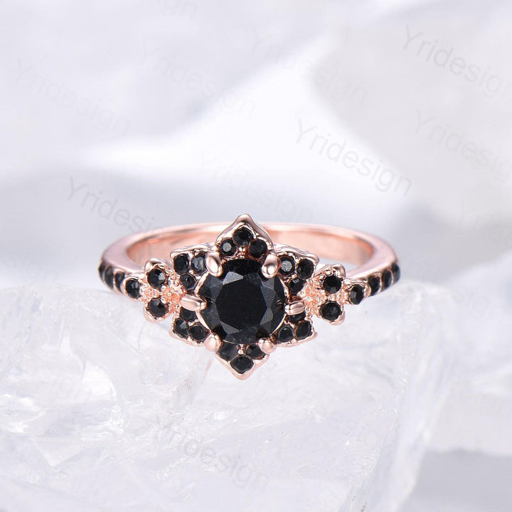 Floral Lotus Black Onyx Engagement Ring Set 3pcs Cluster Black Spinel Wedding Ring Set Unique Black Stone Anniversary Gift Women Bridal Set - PENFINE