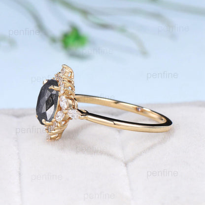 Vintage salt and pepper diamond engagement ring 14k rose gold marquise cut diamond cluster ring unique promise ring anniversary gift for Her - PENFINE