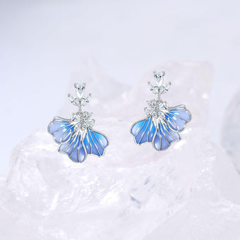 Dainty fire blue iris earrings unique enamel stud earrings silver white gold art deco pendant necklace Handmade Proposal Gift - PENFINE