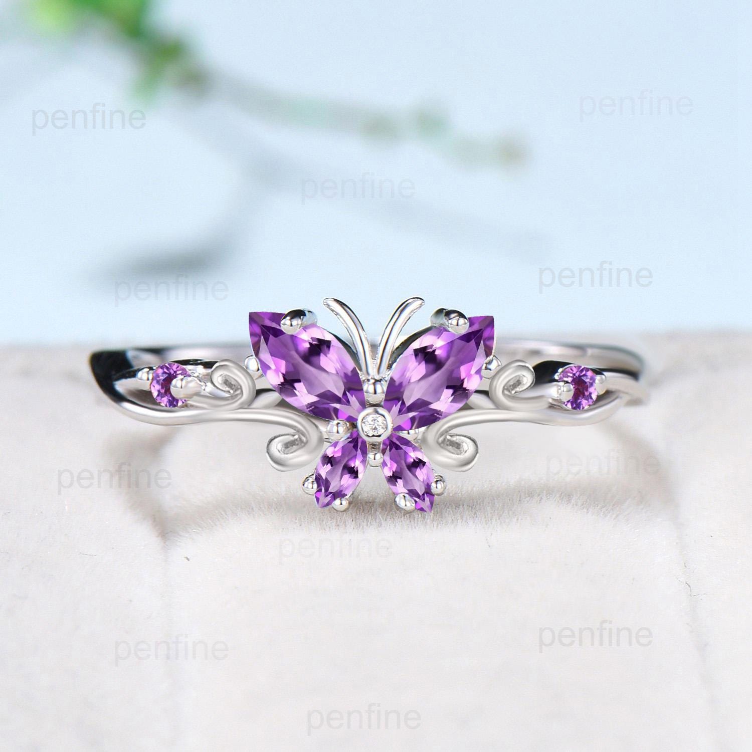 Unique Butterfly wedding ring vintage marquise amethyst engagement ring purple crystal silver white gold custom anniversary gift  for women - PENFINE