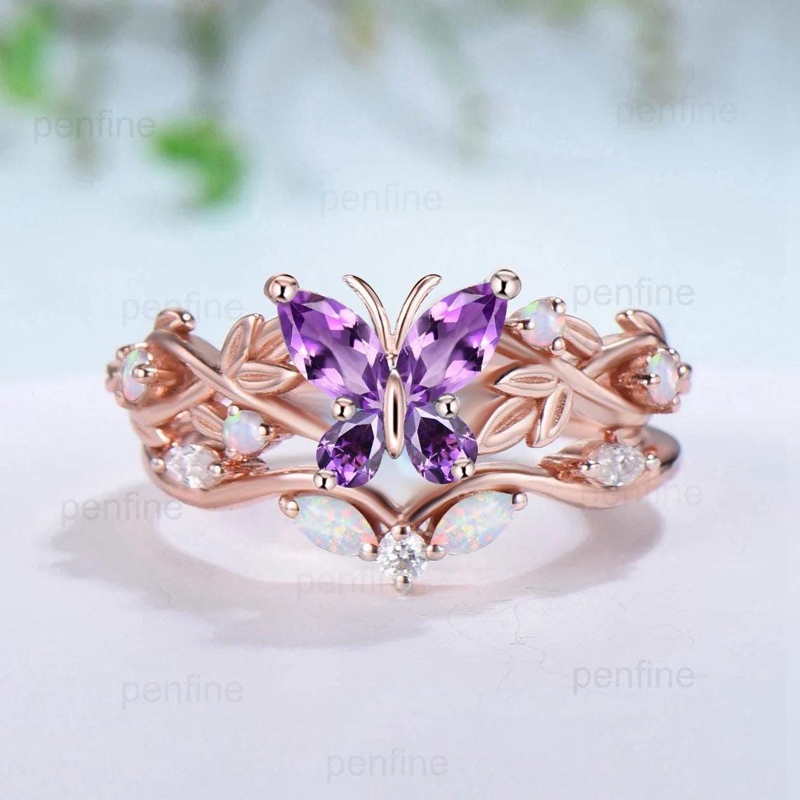 Nature inspired amethyst engagement ring set Twig leaf vine butterfly wedding set rose gold opal moissanite stacking bridal ring set women - PENFINE