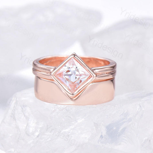 Couples ring set rose gold princess cut moissanite wedding ring set men and women His Hers engagement ring vintage style Promise gift - PENFINE