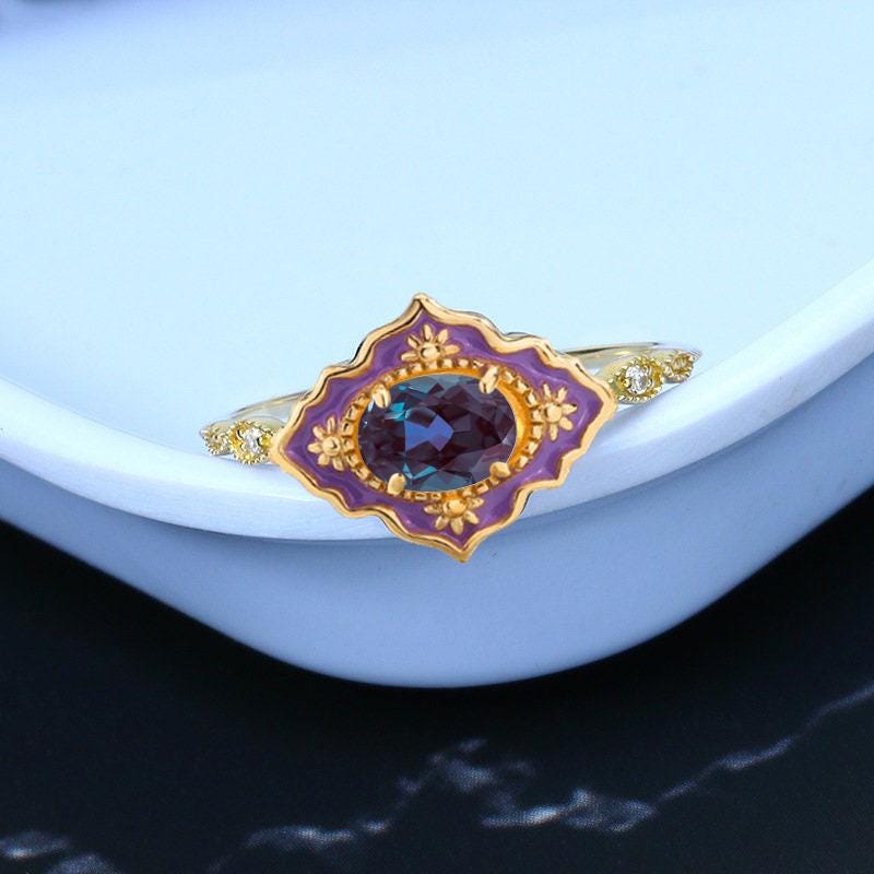 Unique Purple Enamel Alexandrite Engagement Ring Vintage Milgrain Wedding Ring Color Changing Art Deco Antique Anniversary Gift For Women - PENFINE