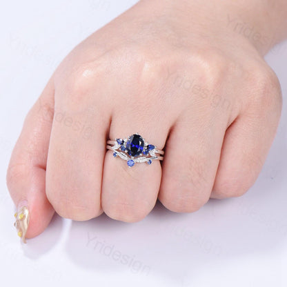 Vintage Sapphire Engagement Ring Set, 10K 14K 18K Solid White Gold Blue Sapphire Wedding Set, Leaf Stacking Band Bridal Promise Rings Set - PENFINE