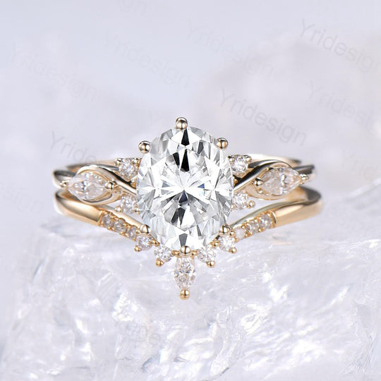 2 Carat oval cut Moissanite Engagement Ring Set, Solid 14K yellow gold ...